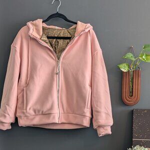 K-Style Oversized Scuba Zip-Up Hoodie - Pink with Gold Honeycomb Lining - Size M